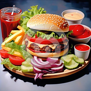 a close-up shot of a perfectly grilled hamburger oozing with ketchup