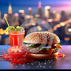 a close-up shot of a perfectly grilled hamburger oozing with ketchup