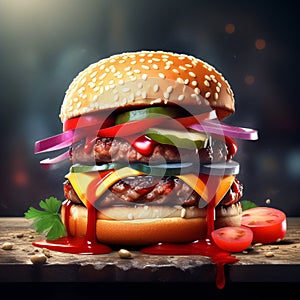 a close-up shot of a perfectly grilled hamburger oozing with ketchup