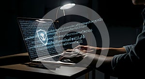 Cybersecurity Hacker Typing on Laptop with Glowing Shield and Code