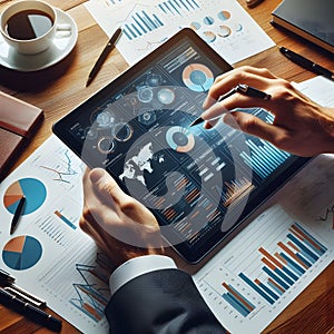 Business professional analyzing financial data on a tablet with charts and graphs