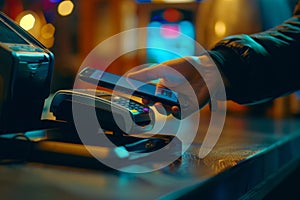 Close-up shot of persons hand using mobile phone for contactless payment transaction