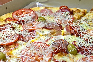 Close up shot of a pizza with fresh tomato