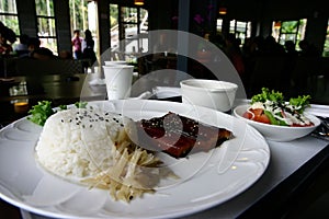 Close up shot of a plate of grill eel rice photo