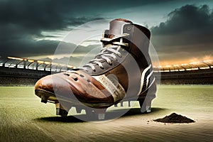 A close-up shot of a player\'s well-worn rugby boots, covered in mud and grass stains from a hard-fought match