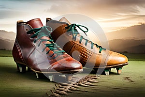 A close-up shot of a player\'s well-worn rugby boots, covered in mud and grass stains from a hard-fought match