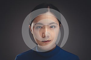 Close up shot of portrait Asian woman and technology scanning face