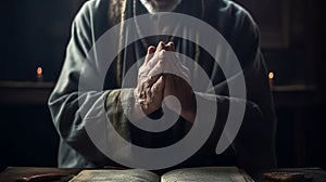 Close up shot of priest hands praying in church. Generative AI.