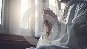 Close up shot of priest hands praying in church. Generative AI.