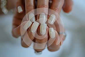 Close-up shot of professionally manicured hands featuring glossy neutral nail polish