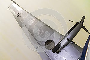 Close up shot of the propeller of the old plane. Aviation