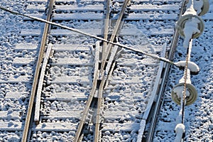 Close-up shot of railroads with snow