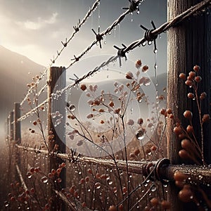 A close up shot of raindrops on a rusty fence, creating a rust