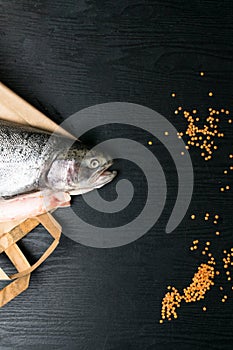 Close up shot of raw fresh rainbow trout on a black background on paper bag Preparations for cooking