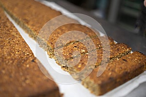 Close-up shot of a recently baked muesli bar