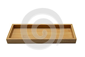 Close-up shot of a rectangular bamboo serving tray isolated on white background