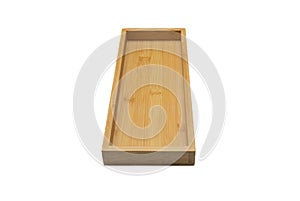 Close-up shot of a rectangular bamboo serving tray isolated on white background