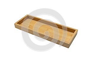 Close-up shot of a rectangular bamboo serving tray isolated on white background