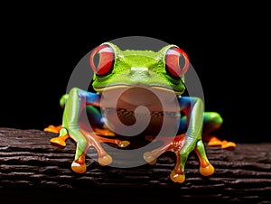 Close up shot of red eyed tree frog on black background