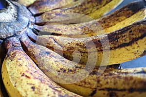 Close-up shot of a ripe banana comb with brown spots on its skin photo