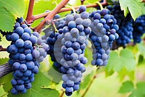 close-up shot of ripe blue grapes on the vineyard vines