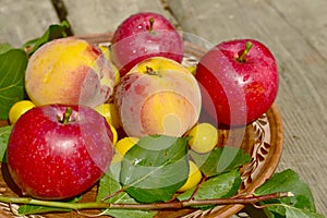 Close-up shot of ripe fruits, gifts of summer, lie on a flat plate.