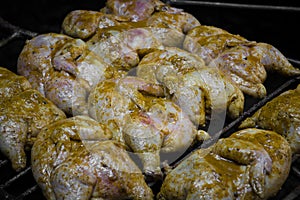 Close-up shot of roast chicken on a barbeque grill