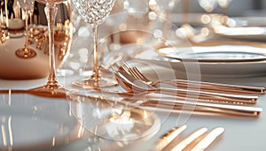 A close-up shot of rose gold culinary accessories, their reflective surfaces elevating the dining experience with a touch of