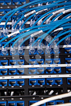 Close up shot of router cables in a data centre cabinet