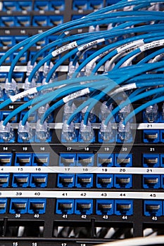 Close up shot of router cables in a data centre cabinet