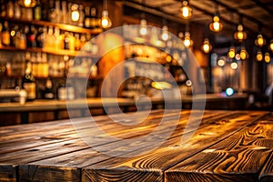 A Close-Up View of a Rustic Wooden Tabletop with a Blurred Background of a Dimly Lit Bar Interior photo