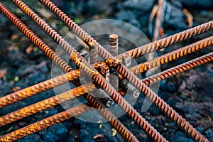 Close up shot of rusty rebar rods for construction reinforcement