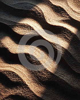 Close up shot of sand dunes with light and shadow creating a wavy pattern on the surface texture