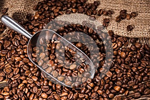 close-up shot of scoop and roasted coffee beans spilled