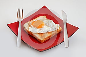 Scrambled eggs on toaster fried bread on quadrangular red plate on white table