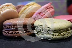 Close up shot of a selection of Macarons or French Macaroons fro