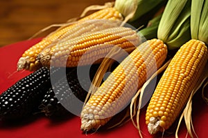 close-up shot of seven ears of corn placed next to kwanzaa kinara