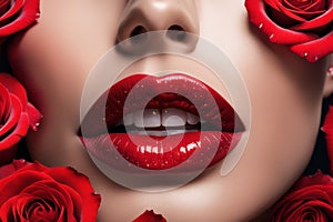 Close-up shot of sexy woman lips with red lipstick and beautiful red rose. illustration of lips in red roses