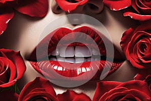 Close-up shot of sexy woman lips with red lipstick and beautiful red rose. illustration of lips in red roses