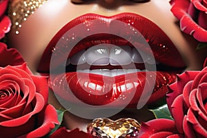 Close-up shot of sexy woman lips with red lipstick and beautiful red rose. illustration of lips in red roses