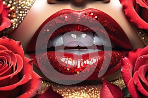 Close-up shot of sexy woman lips with red lipstick and beautiful red rose. illustration of lips in red roses