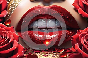 Close-up shot of sexy woman lips with red lipstick and beautiful red rose. illustration of lips in red roses