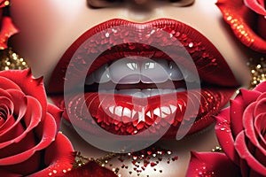 Close-up shot of sexy woman lips with red lipstick and beautiful red rose. illustration of lips in red roses