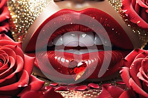 Close-up shot of sexy woman lips with red lipstick and beautiful red rose. illustration of lips in red roses