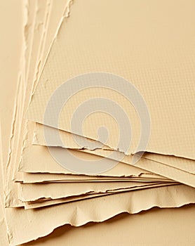 Close-up shot of stack of handmade paper sheets with rough edges and beige color.