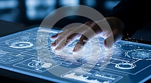 Illuminated futuristic touchscreen interface with a hand interacting with glowing data visualizations