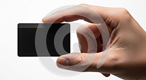 Hand holding a small black rectangular object with a smooth surface