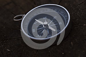 Close up shot of a silver metal compass always pointing it's needle towards North