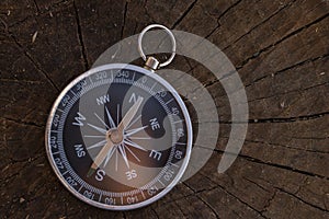 Close up shot of a silver metal compass always pointing it's needle towards North