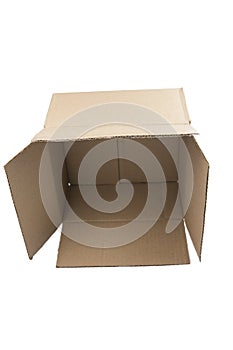  close up shot of a single open blank brown empty carton cardboard box on a white background